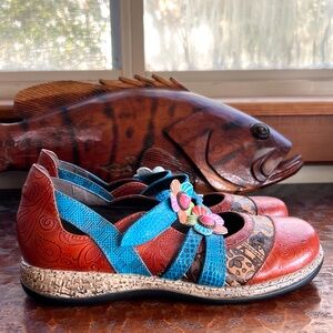 Socofy Retro Mary Jane Staps Round Toe Shoes Floral Printed Flats Casual Leather